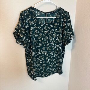 41 Hawthorn Floral‎ Print Blouse Short Sleeve Green Womens Size Medium